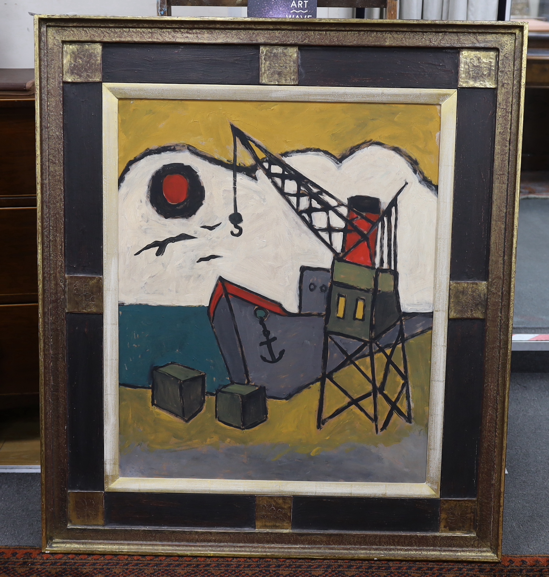 20th Century, oil on board, harbour view, ship and crane, 81cm x 67cm